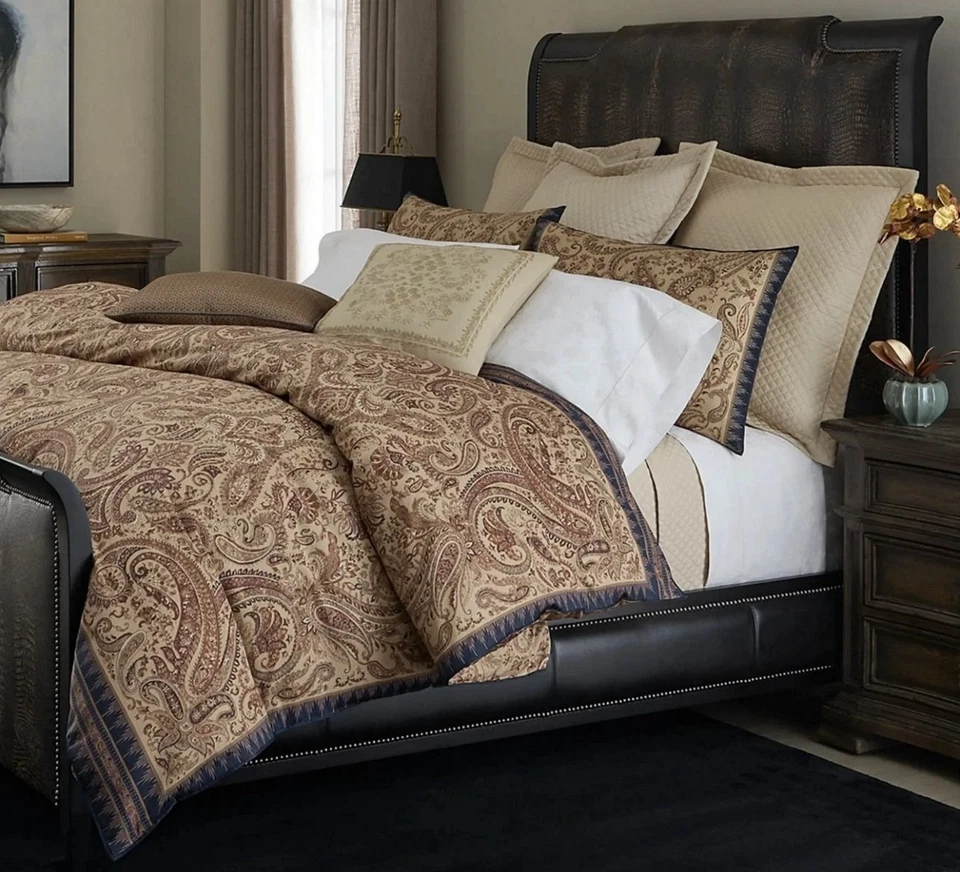 Ralph Lauren Anderson Paisley Duvet Cover Queen Neutral/ Navy 300TC Cotton $400 - Image 1 of 4