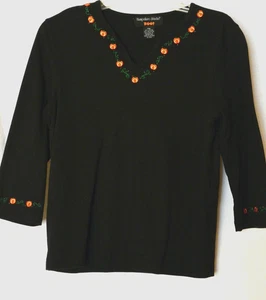Hampshire Studio Womens Petite Halloween Knit Top PM Black Pumpkin Trim Small - Picture 1 of 10