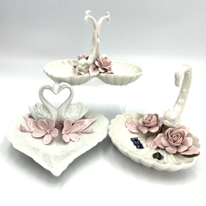 Capodimonte Lot Of 3 Trinket Dishes - Double Heart Swans, Fish Shell with Roses - Picture 1 of 24