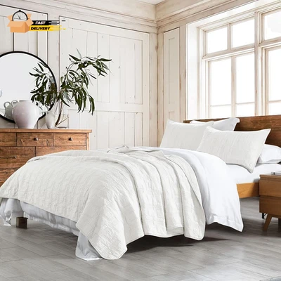 100% Cotton Quilt Set King Size, White Pre-Washed 3-Piece Bedspread Coverlet Se - Image 1 of 4