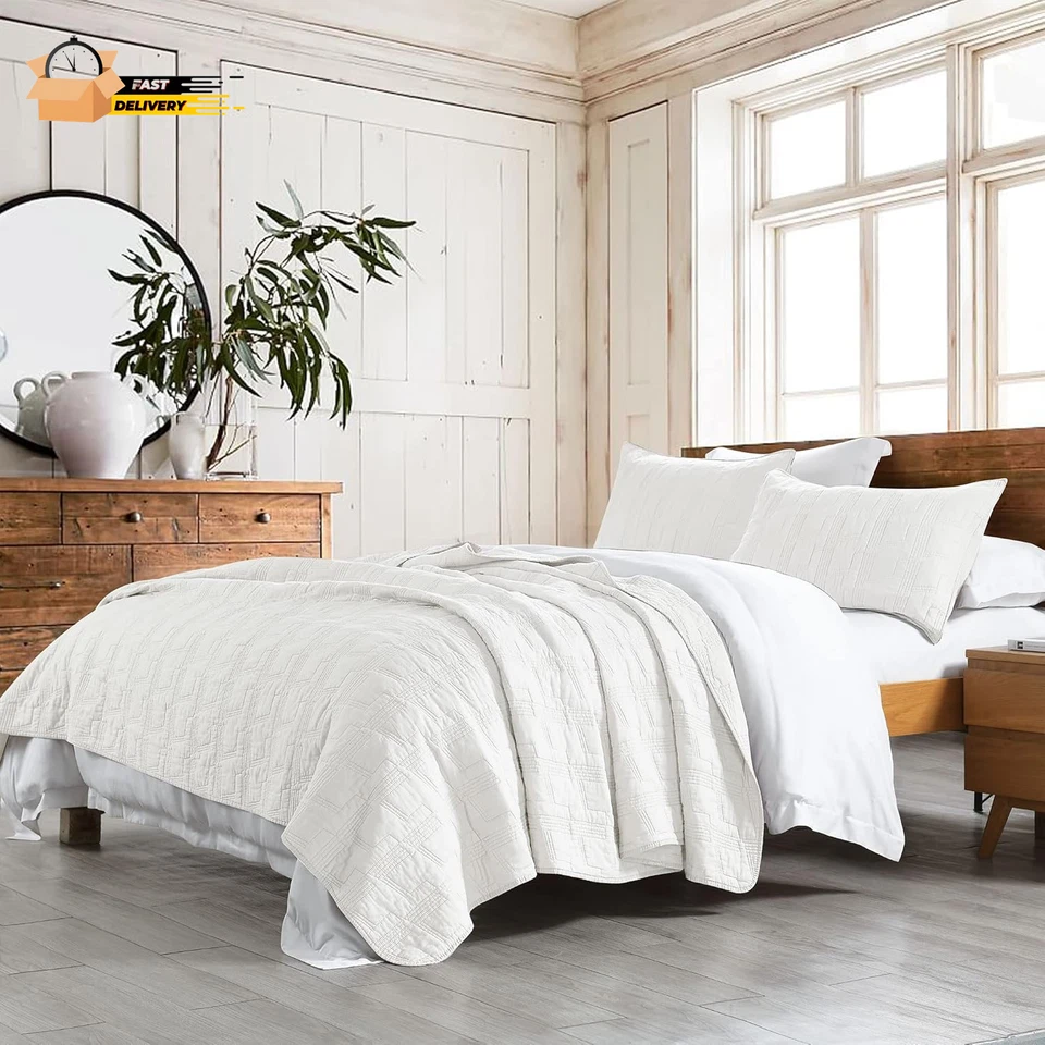100% Cotton Quilt Set King Size, White Pre-Washed 3-Piece Bedspread Coverlet Se - Image 1 of 4