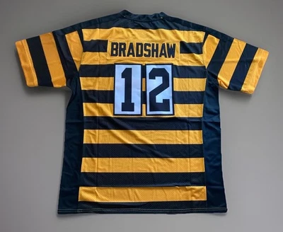 Camiseta de fútbol americano cosida a rayas de Terry Bradshaw de los Pittsburgh Steelers #12 XL para hombre Foto 1 de 4