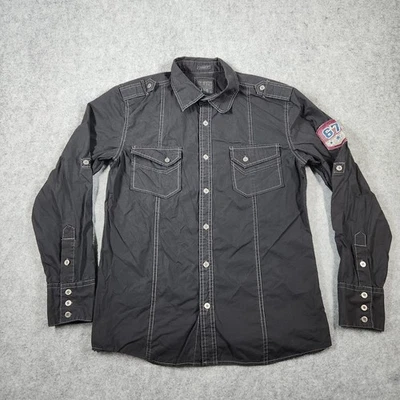 Camisa BKE Para Hombre Calce Atlético Medio Negra Parche Abotonable Grunge Pestaña Enrollable Foto 1 de 4