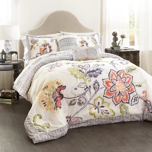 Aster Comforter Flower Pattern Reversible 5 Piece Lightweight Bedding Set, Coral - Picture 1 of 4