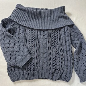 Umgee Sweater Womens Large Dusty Blue Cowl Neck Open Chunky Knit Oversized - Picture 1 of 8