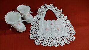 Crocheted Booties & Bib White/Pink Hand Made 100% Cotton Shower Gift, Baptism, C