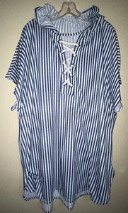 Blue White Stripe Hooded Dress Tunic Swim Beach Coverup Oversized- ?XL No Tag - Picture 1 of 9