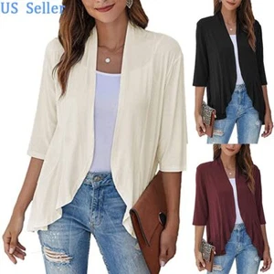 Women's Open Front Cardigan 3/4 Sleeve Draped Ruffles Soft Lightweight Sweaters - Picture 1 of 16