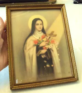 VINTAGE 8,5" X 6,5" HOLZGERAHMTES SANCTA THERESA JESUS INFANTIS BILD #ME3 - Bild 1 von 6
