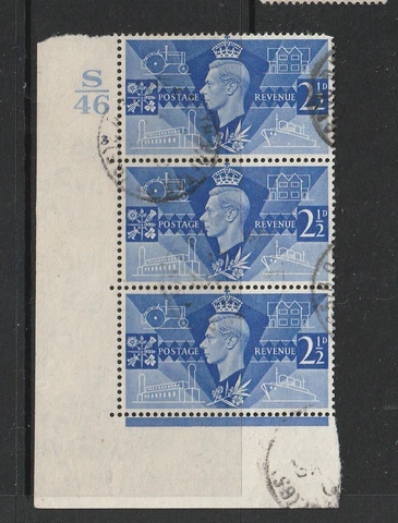 GB GV1 1946 Victory 2 1/2d strip of 3 Cylinder N0 3, Used as shown Cover