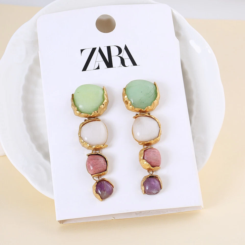 New  Zara Matt gold color natural stone tassel earrings ladies party jewelry - Image 1 of 4