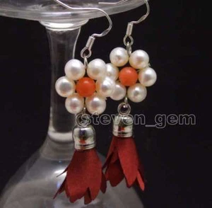 SALE 6-7mm White Round Natural Pearl & Red Silk Flower Tassel Earring-ear591 - Picture 1 of 5