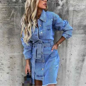 Women Single-breasted Cardigan Denim Dresses Fashion Casual Slim Fit A-line Gown - Picture 1 of 24