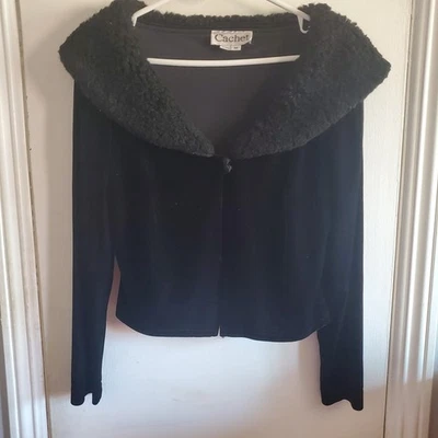 复古黑色天鹅绒开衫带人造毛皮装饰 M 码 Whimsigoth Y2K  — 第 1/4 张图片