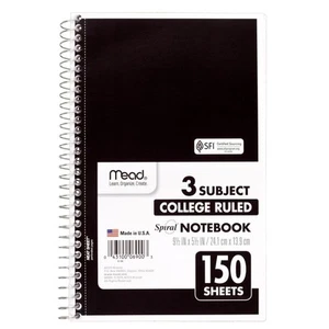 Mead Spiral Notebook, 3 Subject, College Ruled Paper, 150 Sheets, 9-1/2 x 5-1/2 - Picture 1 of 11