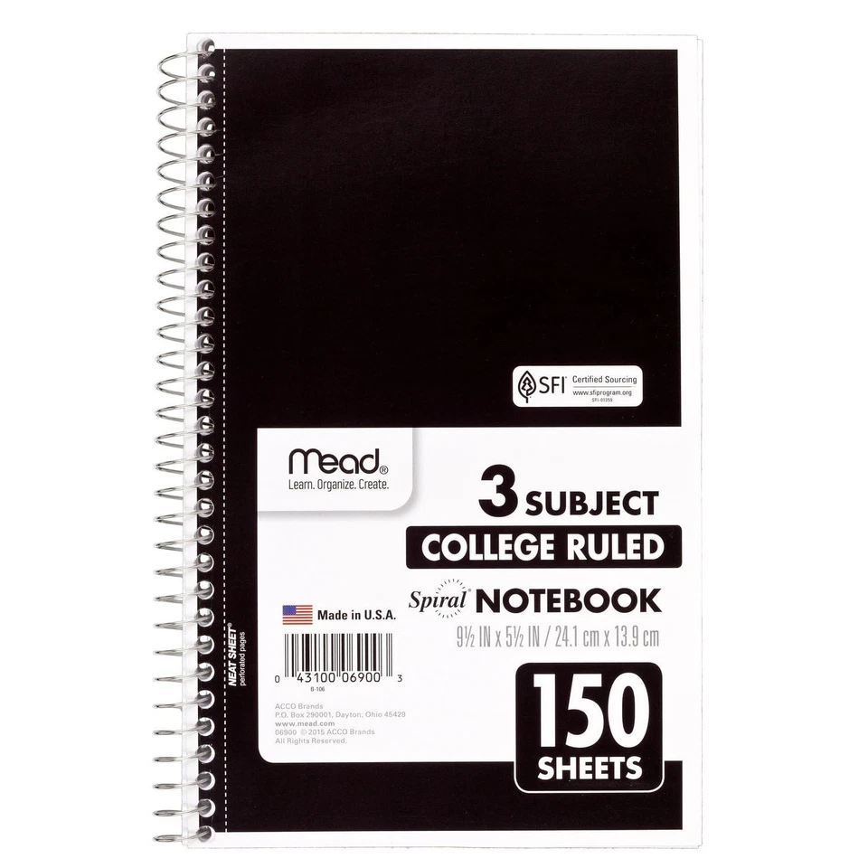 Mead Small Spiral Notebook 3-Subject College Ruled Paper 9-1/2" -1/2" 150 ...