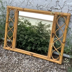 1960s Vintage Mid-Century French Riviera Rectangular Rattan Bamboo Wicker Mirror - Picture 1 of 11