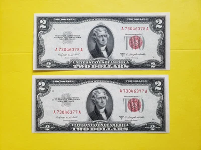 2 consecutive 1953B $2.00 TWO DOLLAR RED SEAL Bill uncirculated - Image 1 of 4
