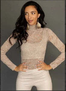 Top Joyfilm Iris Encaje Taupe Manga Larga Cuello Alto Transparente Romántico Boho L Nuevo sin Etiquetas - Imagen 1 de 9