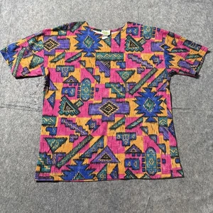 80s GOS Scrub Top M Bright Aztec Print Made in USA Vintage Nurse Uniform Neon - Picture 1 of 6