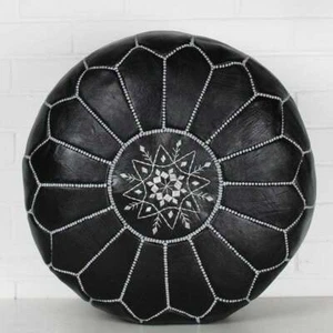 NEW Moroccan Grain Leather Pouf Pouffe Ottoman Footstool BLACK/WHITE - AU SELLER - Picture 1 of 6