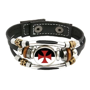 Pulsera de cuero negro y bolsa de regalo de terciopelo Cruzadas Caballeros Templarios - Imagen 1 de 4