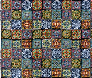 Royal Mexican Talavera Tile Cotton Fabric Panel Fiesta Poblana 36" x 44" - Picture 1 of 2