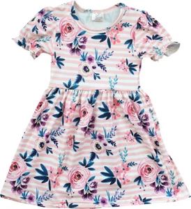 Mädchen Kurzarm Rosa Blumen Streifen Kleid Schule Urlaub Geburtstag Party 2T-8 - Bild 1 von 3