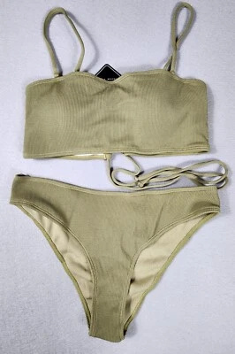 Conjunto de bikini Zaful para mujer talla 8 amarillo acanalado corte alto con cordones bandeau 2 piezas Foto 1 de 4