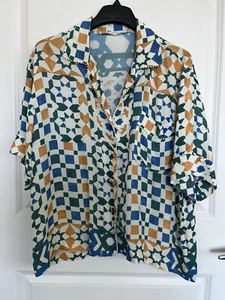 Zara Blouse Short Sleeves M Multicolor Geometric Print V-Neck Collared w/Pocket - Picture 1 of 5