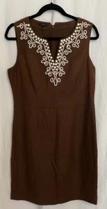Talbots Women’s Sheath Dress 10 Brown Linen Bead & Soutache Trim Career Classic - Picture 1 of 11