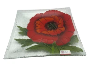 Vintage RED POPPY Signed PEGGY KARR Fused Glass SQUARE Plate Platter Flower - Picture 1 of 4