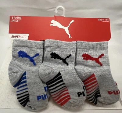 PUMA Bebé Infante 6 Pares Calcetines Tobilleros, Gris con Azul Negro Rojo Puma 0-12 Mos - Nuevo Foto 1 de 3