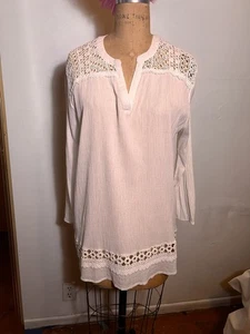 Joe Fresh White Lightweight Cotton Gauze & Lace LS Tunic Top sz XL - Bild 1 von 5
