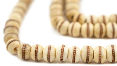 Copper-Inlaid Beige Bone Mala Beads 8mm Nepal Brown Round Large Hole 32” - Image 1 of 4