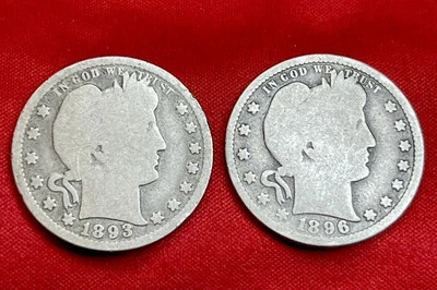 LOT OF 2 SILVER BARBER QUARTERS 25C: 1893 & 1896 PHILADELPHIA  - Image 1 of 4