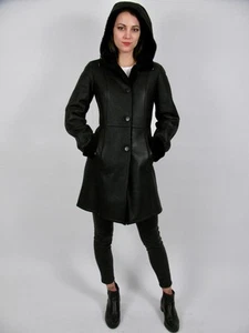 DANIER LEDERJACKE MANTEL DAMEN SCHWARZ LAMMFELL SHEARLING FELL KAPUZE LANG -XXXS - Bild 1 von 22