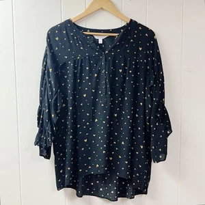 LC LAUREN CONRAD Womens Tunic Blouse SIZE XXL Black Gold Heart Print Ruffles - Picture 1 of 9