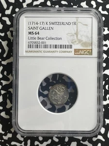 (1714-17)-K Suiza St. Gallen 1 Kreuzer NGC MS64 Lote #WG12 Little Bear Coll. - Imagen 1 de 3