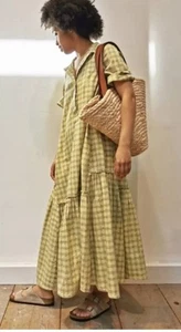 Toast Check Cotton Gathered Shirt Dress Size XS/UK 6 Acid Yellow/Charcoal - Picture 1 of 10
