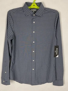Rhone Men's State of Mind Dress Shirt Blue Glen Plaid Slim Fit Stretch 38x29 New - Picture 1 of 16