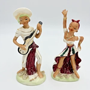 Coppia statuine ceramica ballerine Calypso 6,75" spaghetti floreali Sonsco Giappone anni 50 - Foto 1 di 9