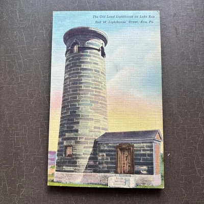 LIGHTHOUSE image POSTCARD Old Land Lighthouse on Lake Erie PA Vintage Linen view - Image 1 of 3