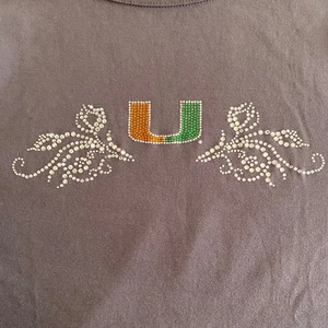 University Of Miami Hurricanes Womens Top 1X Gray 1/2 Sleeve Rhinestones U Bling - Picture 1 of 8