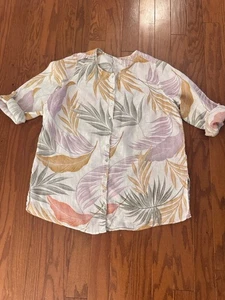 Tahari Camicetta Top Donna 1X Lino Foglie Tropicali Bianco Loto Spiaggia Luce - Foto 1 di 11