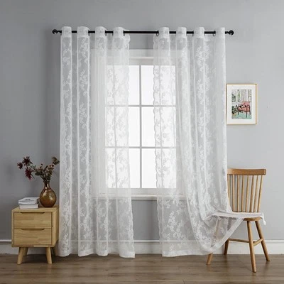 White Lace Sheer Curtain Panels for Living Room Elegant Window Treatment Sets... - Image 1 of 4