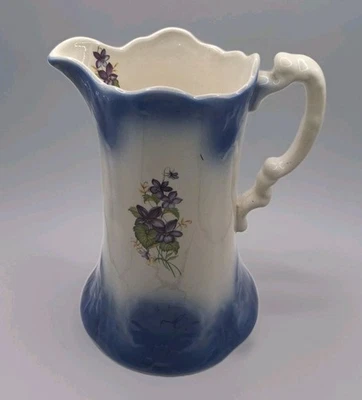 Jarra azul cerámica imperial vintage flores púrpuras floral pintada a mano 11" Foto 1 de 4