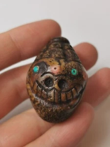 19C antique Tibetan carved double side Shmashana amulet inlaid coral bead - Picture 1 of 9