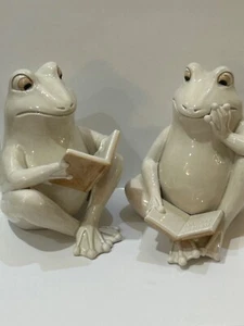 VINTAGE FITZ AND FLOYD FROGS READING BOOKENDS SET OF 2 - Picture 1 of 9