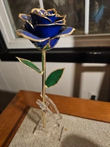 Real Blue Rose 24K Gold Dipped Preserved Flower Gifts For Valentines Day w/stand - Picture 1 of 3